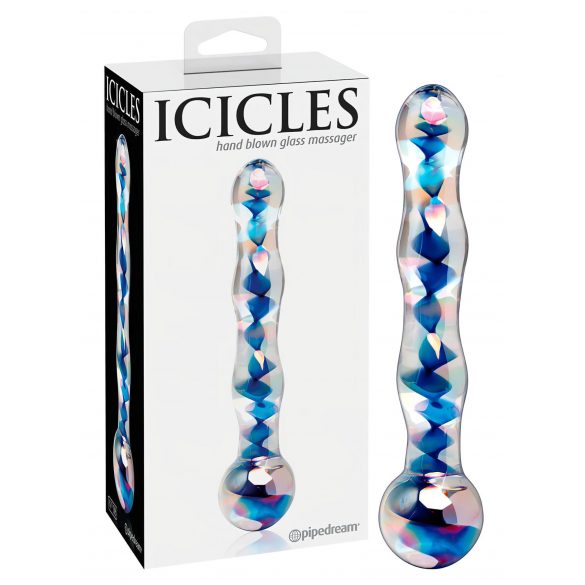 Icicles No. 08 - falisty, dwustronny, szklany dildo (przezroczysto-niebieski)