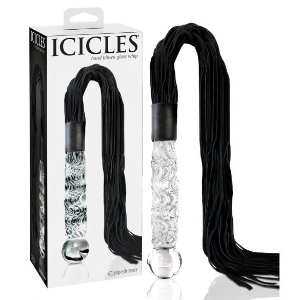 Icicles No. 38 - skórzane, falowane szklane dildo (przezroczysto-czarne) 