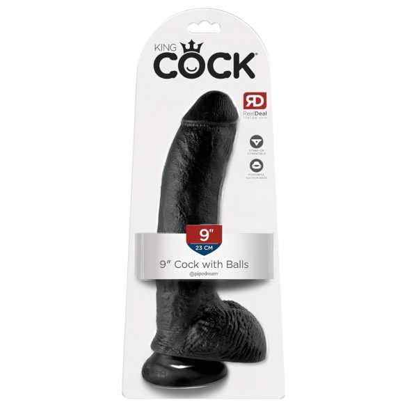 King Cock 9 - duży czarny dildo z jądrami i przyssawką (23 cm)