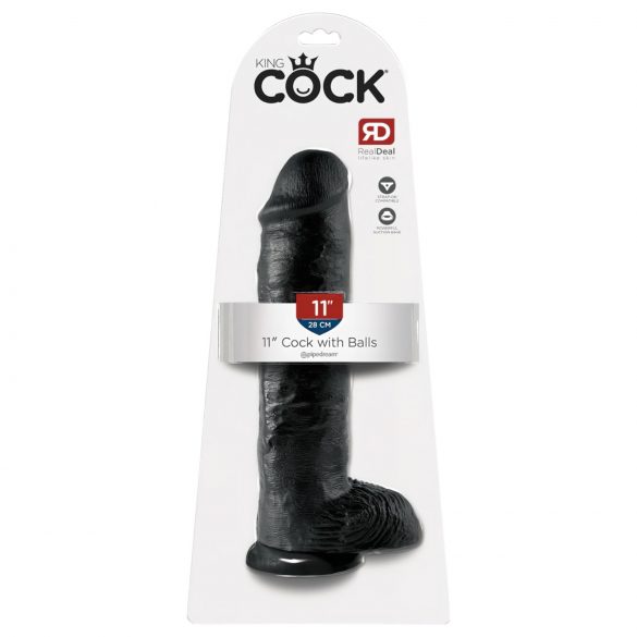 Król Cock 11 - duży czarny dildo z przyssawką i jądrami (28 cm)