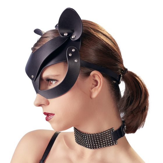 Bad Kitty - sztuczna skóra, maska kota z kryształkami - czarna (S-L)