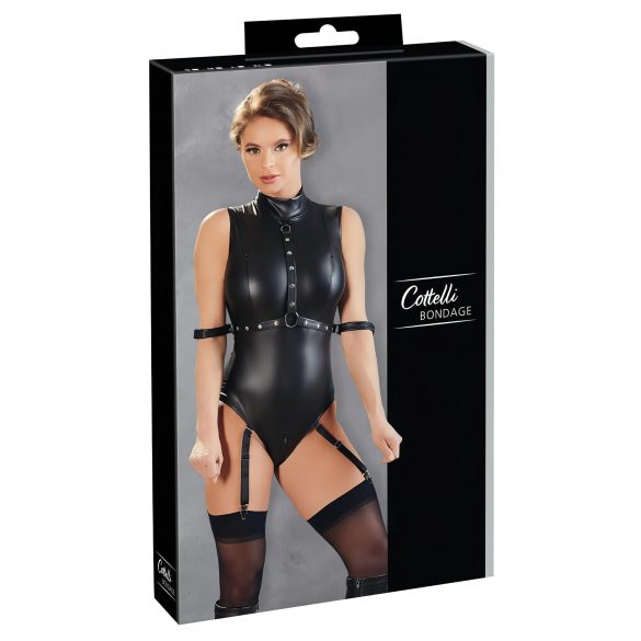 Cottelli Bondage - błyszczące body bez rękawów z kajdankami (czarne)  - XL