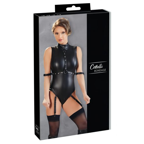 Cottelli Bondage - błyszczące body bez rękawów z kajdankami (czarne) - XL