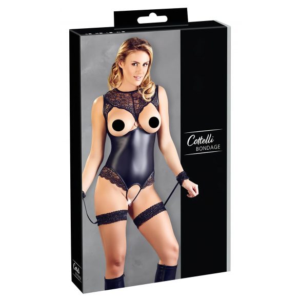 Cottelli Bondage - lśniące, otwarte body z kajdankami (czarne) - XL