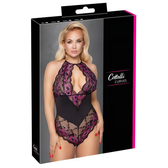 Cottelli Plus Size - kwiatowe body (czarno-fioletowe)