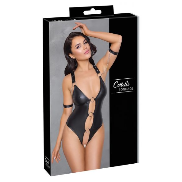 Cottelli Bondage - błyszczące, pierścieniowe, otwarte body (czarne) - XL