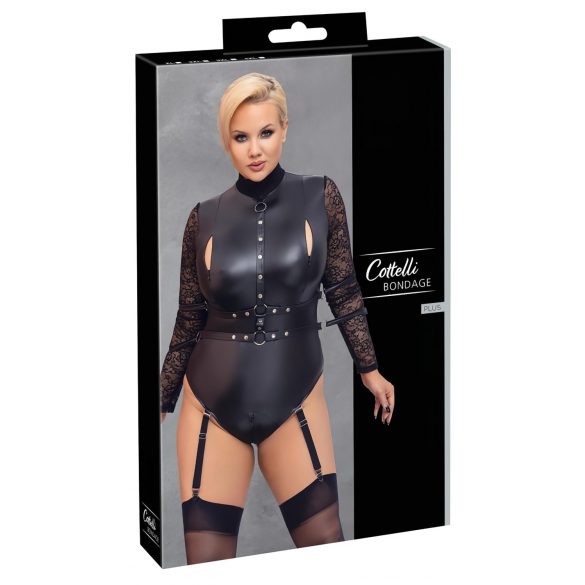 Cottelli Bondage Plus Size - koronkowe body z długim rękawem (czarne)