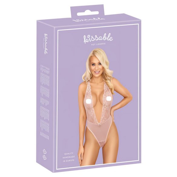 Kissable - koronkowe body z głębokim dekoltem (różowe) - L/XL