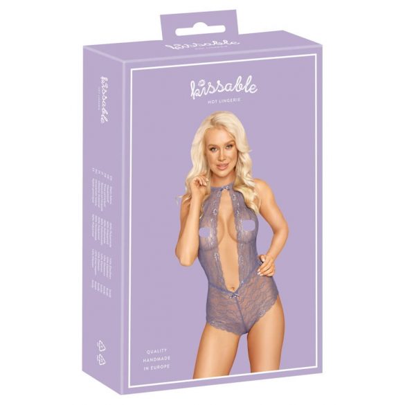 Kissable - koronkowe body z paskiem na szyję (fioletowy)  - L/XL