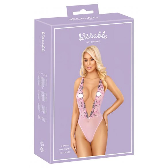 Kissable - body z haftowaną różą (różowe)  - L/XL