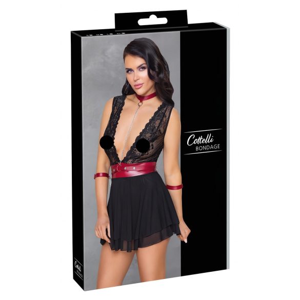 Cottelli Bondage - koronkowa babydoll z paskiem na szyję (czarna) - XL