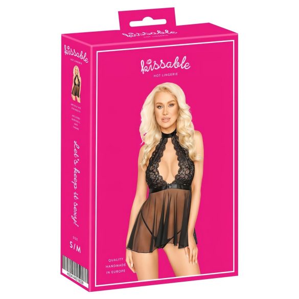 Kissable - koronkowa babydoll z wiązaniem na szyi (czarna) - L/XL